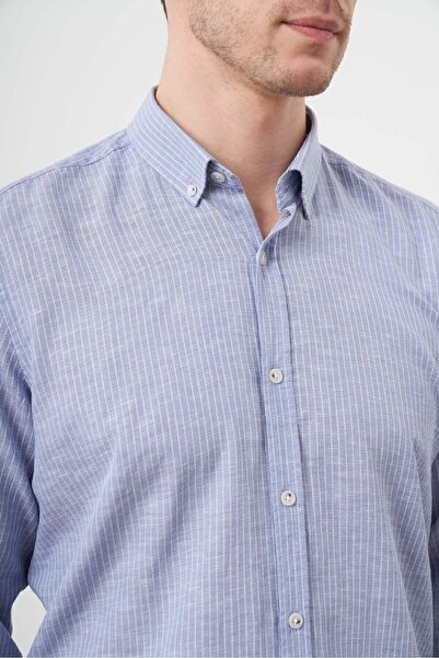 Morven Cămașă pentru bărbați, cu guler cu nasturi, cu dungi albastre de in