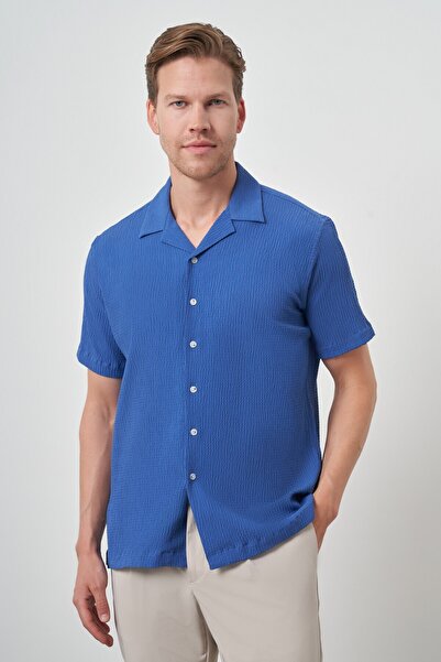 Morven Мъжка синя риза с къс ръкав и отворена яка