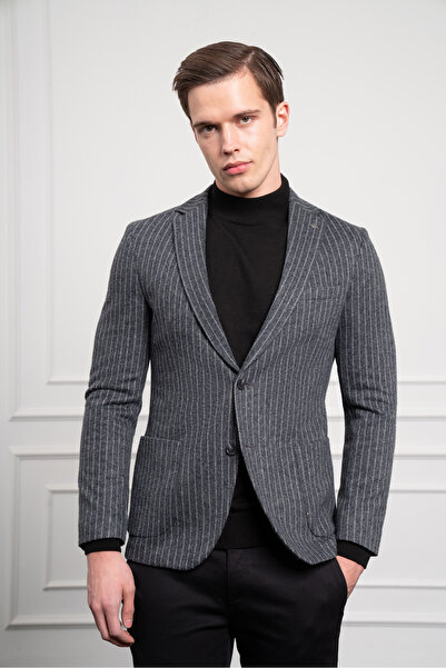 Morven Erkek Gri Örme Slim Fit Dar Kesim Mono Yaka Ceket