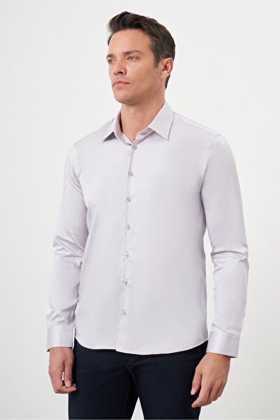Morven Erkek Gri Pamuk Düz Desen Sert Yaka Slim Fit  Gömlek