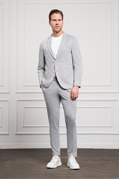Morven Erkek Gri Poliviskon Trend Örme Çizgili Slim Fit Mono Yaka Takım Elbise