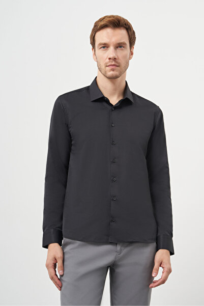 Morven Чоловіча чорна сорочка з прямим кроєм, італійським коміром та облягаючим кроєм