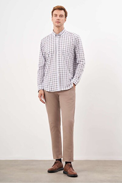 Morven Ανδρικό πουκάμισο με κανονική εφαρμογή με καρό βαμβακερό καφέ με κουμπιά