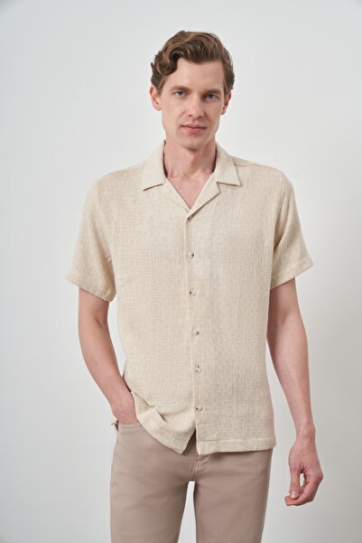 Morven Cămașă cu mânecă scurtă pentru bărbați, bej, la modă, cu guler Apaş