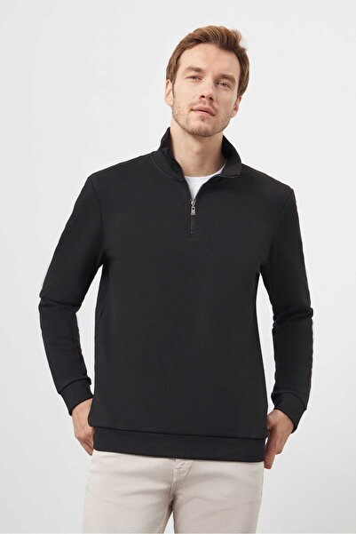 Morven Erkek Siyah Fermuarlı Bato Yaka Sweat-Shirt