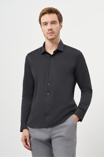 Morven Men's Black Basic Plain Pattern Italian Collar Slim Fit Shirt