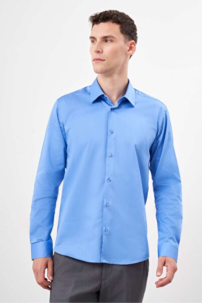 Morven Чоловіча темно-синя бавовняна сорочка з прямим коміром та облягаючим кроєм