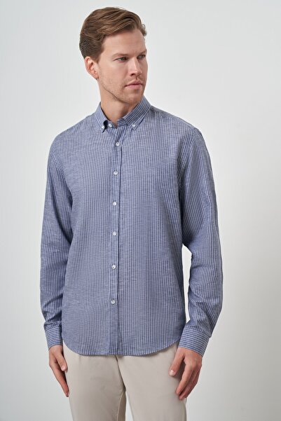 Morven Erkek Lacivert Keten Dynamic Fit Düğmeli Yaka Gömlek