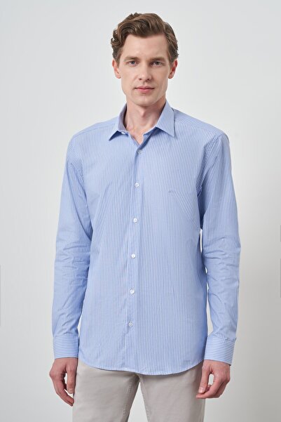 Morven Ανδρικό πουκάμισο A. BLUE Cotton Trend Slim Fit με σκληρό γιακά