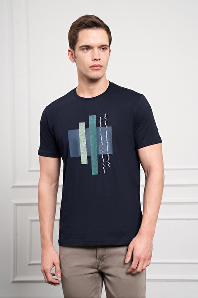 Morven Ανδρικό μπλουζάκι με λαιμόκοψη Navy Blue Trend Dynamic Fit βαμβακερό