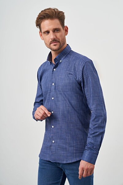 Morven Чоловіча темно-синя бавовняна сорочка з принтом, коміром на ґудзиках та облягаючим кроєм