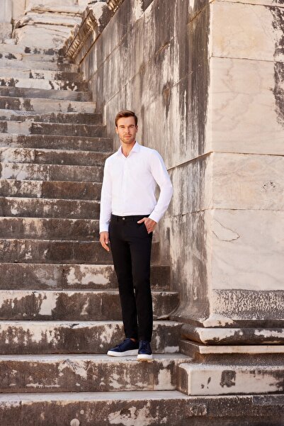 Morven Мъжка бяла тънка риза с плътна плътна яка с дълъг ръкав