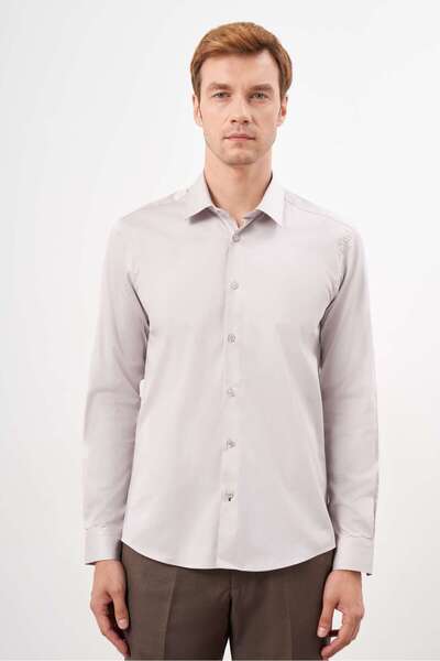 Morven Men's Stone Cotton Plain Pattern Hard Collar Slim Fit Shirt