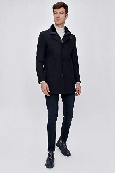 Morven Erkek Koyu Lacivert Diagonel Desen Kürklü Dynamic Fit Rahat Kalıp Çıkma Yaka Kaban