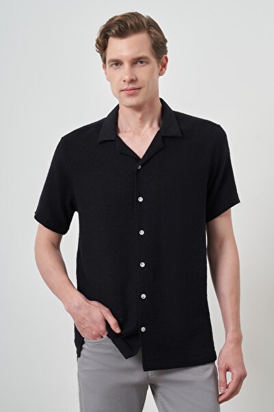 Morven Men's Black Trend Linen Regular Fit Apaş Collar Short Sleeve Shirt