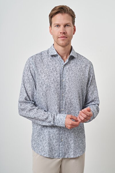 Morven Men's Gray Linen Trend Dynamic Fit Button Collar Shirt