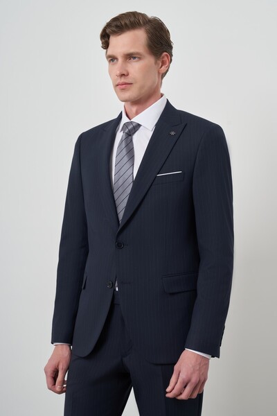 Morven Men's Navy Blue Polyviscose Striped Slim Fit Pointed Collar Suit