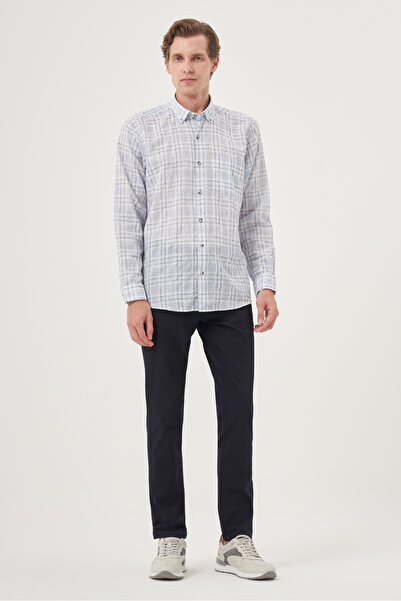 Morven Чоловіча сорочка синього кольору з льону, прямий крій, комір з ґудзиками