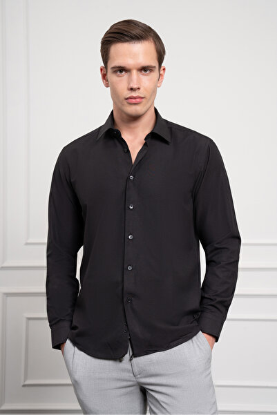 Morven Чоловіча чорна сорочка Slim Fit з вузьким кроєм і жорстким спортивним коміром