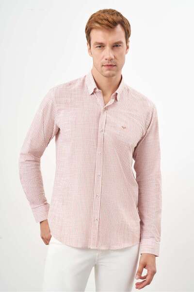 Morven Чоловіча помаранчева бавовняна сорочка в смужку з італійським коміром та панелями, slim fit