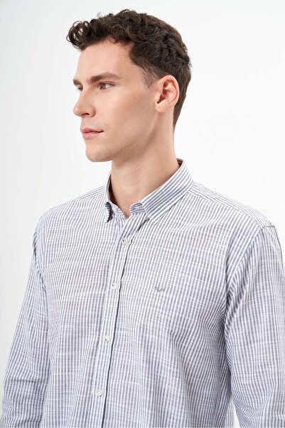 Morven Erkek Gri Pamuk Çizgili-Panolu İtalyan Yaka Slim Fit Gömlek