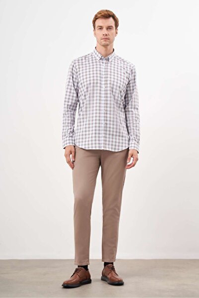 Morven Ανδρικό πουκάμισο με κανονική εφαρμογή με καρό βαμβακερό καφέ με κουμπιά