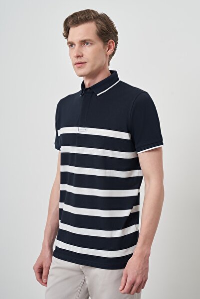 Morven Men's Navy Blue Trend Ringer Polo Neck T-Shirt