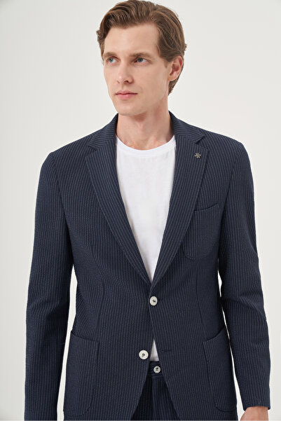 Morven Men's Indigo Polyviscon Trend Striped Slim Fit Mono Collar Suit