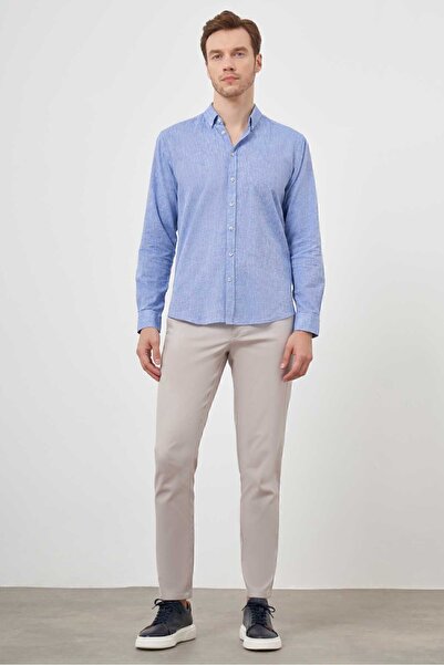 Morven Ανδρικό πουκάμισο με μονόχρωμο γιακά με μονόχρωμο λινό Navy Blue