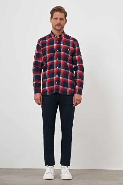 Morven Men's Red Trend Plaid Regular Fit Buttoned Collar Lumberjack Shirt