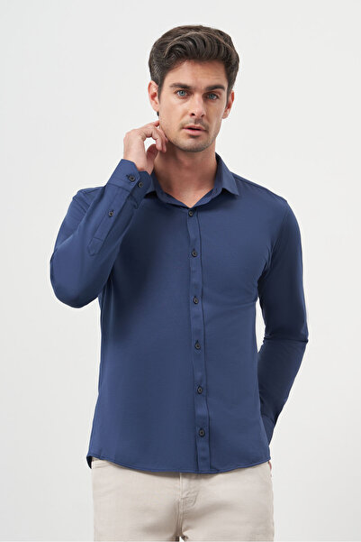 Morven Чоловіча сорочка темно-синя, облягаючого крою, з італійським коміром