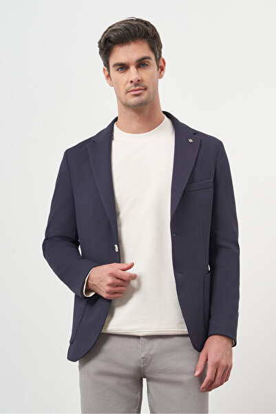 Morven Чоловічий темно-синій трикотажний піджак зі струнким кроєм, кишенями та монокомірцем