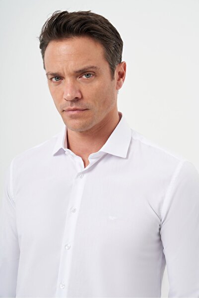 Morven Men's White Basic Plain Pattern Italian Collar Slim Fit Shirt