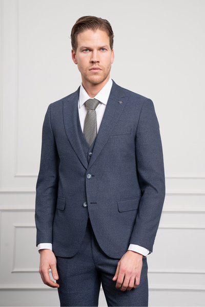 Morven Erkek Lacivert Poliviskon Trend Yelekli Desenli Slim Fit Sivri Yaka Takım Elbise