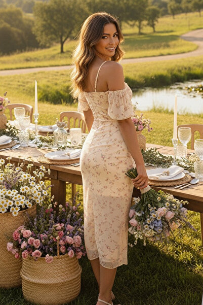 FASHION COCKTAIL Καλοκαιρινό φόρεμα σιφόν με ασύμμετρο και σχισμή - Χρώμα δέρματος για εξοχικό γάμο και υπόσχεση αρραβώνων