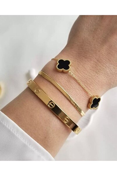 Perry Accesories kararmaz çelik siyah yonca bileklik ve kararmaz çelik kelepç...