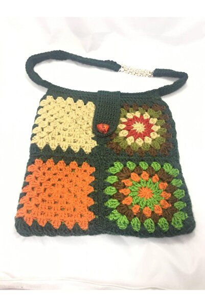 drt tasarım El Örgüsü Yeşil Patchwork Ve Kare Motif Taş Detaylı Saplı Omuz Çantası
