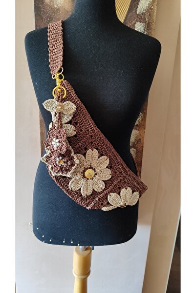 drt tasarım El Örgüsü Tığ İşi Cross Body Astarlı Fermuarlı Soft Makrome Çikolata Kahverengi Çanta