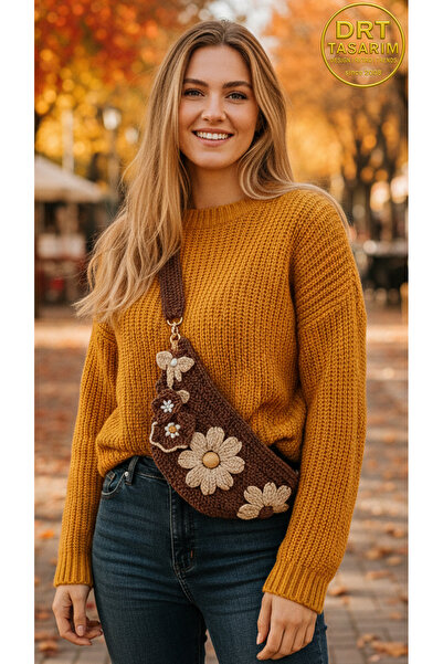 drt tasarım El Örgüsü Tığ İşi Cross Body Astarlı Fermuarlı Soft Makrome Çikolata Kahverengi Çanta