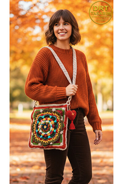drt tasarım El Örgüsü Mandala Motif Desen Oversize Çanta