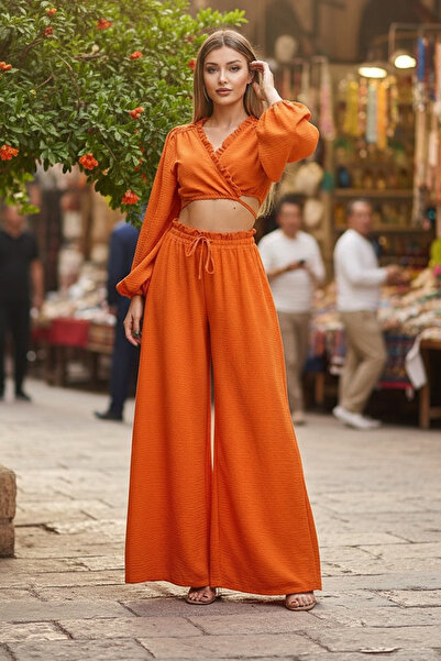 FASHION COCKTAIL Țesătură naturală de muselină - Set pantaloni și topuri crop cu buric expus - Vacanță pe plajă