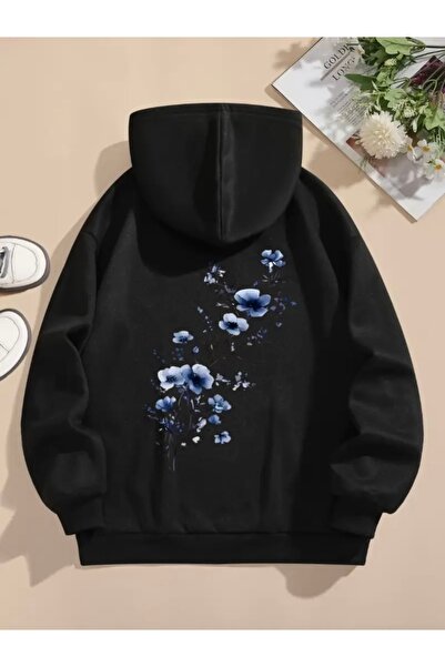 FUFLUNS سويت شيرت بقلنسوة كبير الحجم للجنسين للنساء/الرجال مطبوع عليه زهرة زرقاء