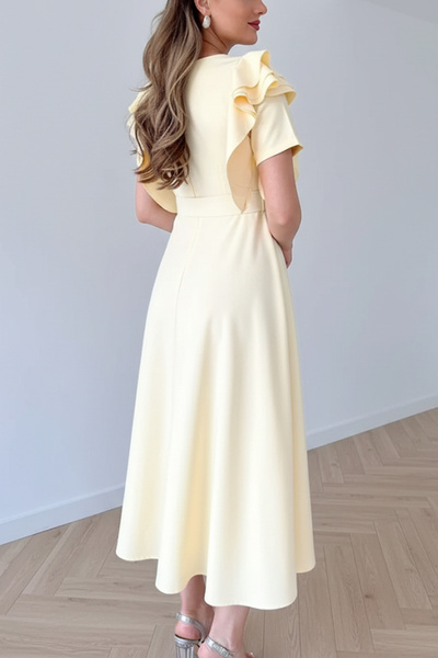MILANOFOX Sarı Omuz Fırfır Detaylı Kemerli Atlas Krep A-Line Midi Boy Elbise