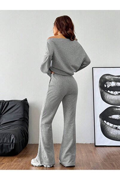 poswicon Gray Loose Wide Collar High Waist Spanish Leg Pants Sweatshirt Suit