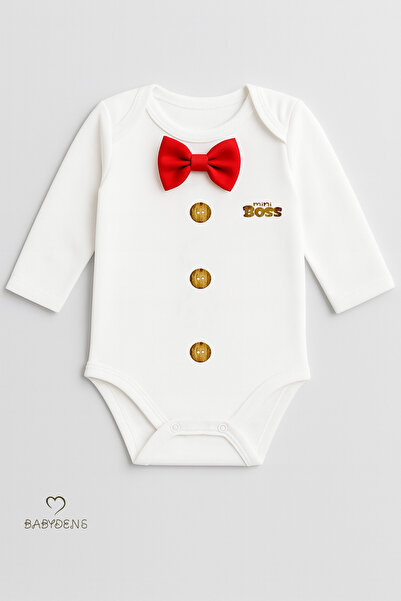 BABYDEN'S Tiny Boss Bow Tie Baby Bodysuit, Button Pattern Printed, Baby Boy Long Sleeve Snap Fastener Bodysuit Cotton