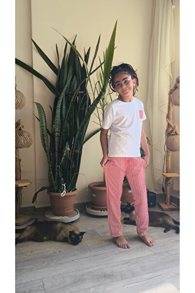 Birdirbir Girls' T-Shirt Set with Pants White T-Shirt with Gingham Pants Red, Black, Yellow