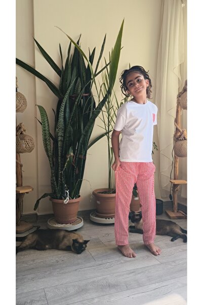 Birdirbir Girls' T-Shirt Set with Pants White T-Shirt with Gingham Pants Red, Black, Yellow