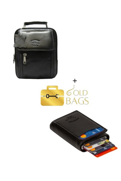 GOLDBAGS Men's Black Genuine Leather Phone Bag and Mechanically Operated Card...