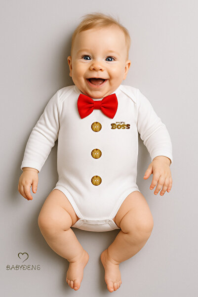 BABYDEN'S Tiny Boss Bow Tie Baby Bodysuit, Button Pattern Printed, Baby Boy Long Sleeve Snap Fastener Bodysuit Cotton