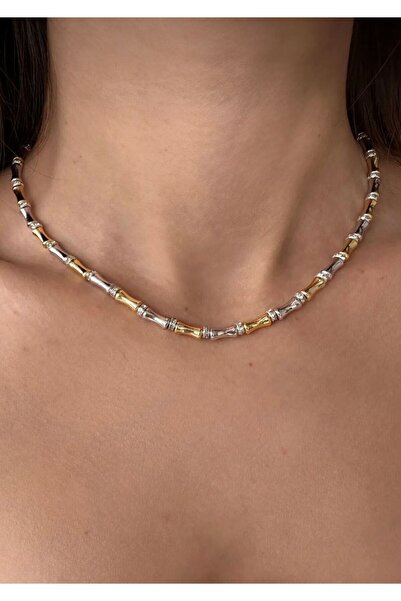 GİS JEWELRY Çift Renk Taşlı Kemik Model Kolye